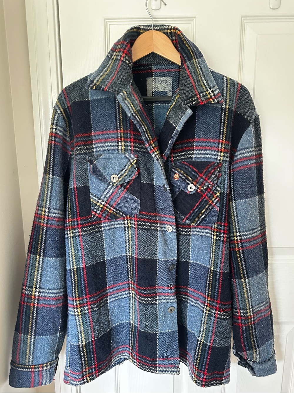 Vintage Distressed Plaid Wool Blend Shacket - Blue/Gray